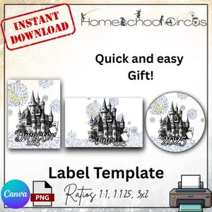 Pode incluir: Um modelo de etiqueta com um design de castelo, disponível para download imediato. O design inclui o texto "Director 2025" e "Tutor 2025". O modelo está disponível nas proporções 1:1, 1:1.25 e 3x2.
