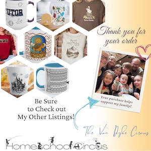 May include: Assortment of mugs, a glass, and shirts with various designs. The mugs feature text and illustrations, including a castle, a cowboy, and the word "Tutor." The shirts display graphics of a goose, mountains, and text. A family photo is also included.