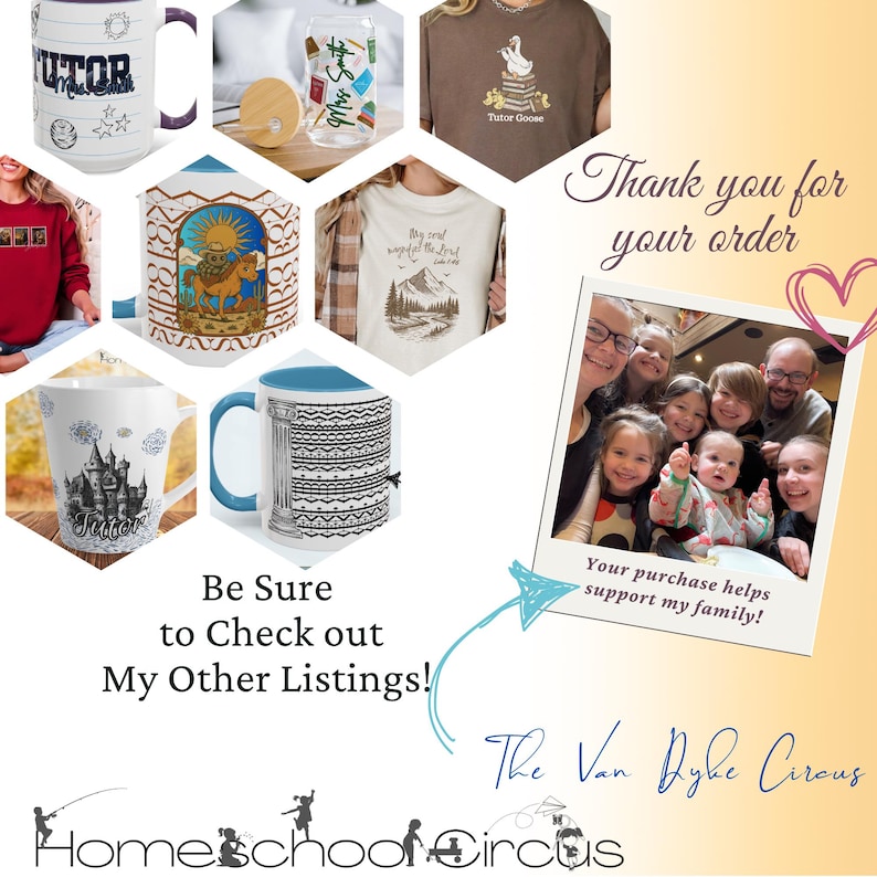 May include: Assortment of mugs, a glass, and shirts with various designs. The mugs feature text and illustrations, including a castle, a cowboy, and the word "Tutor." The shirts display graphics of a goose, mountains, and text. A family photo is also included.