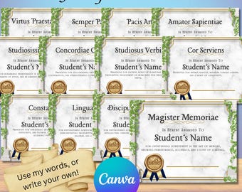 Latin Virtue Award Editable Canva Template Certificates – Classical School  | 12 Scholar Awards + Custom | Christian Homeschool Printable