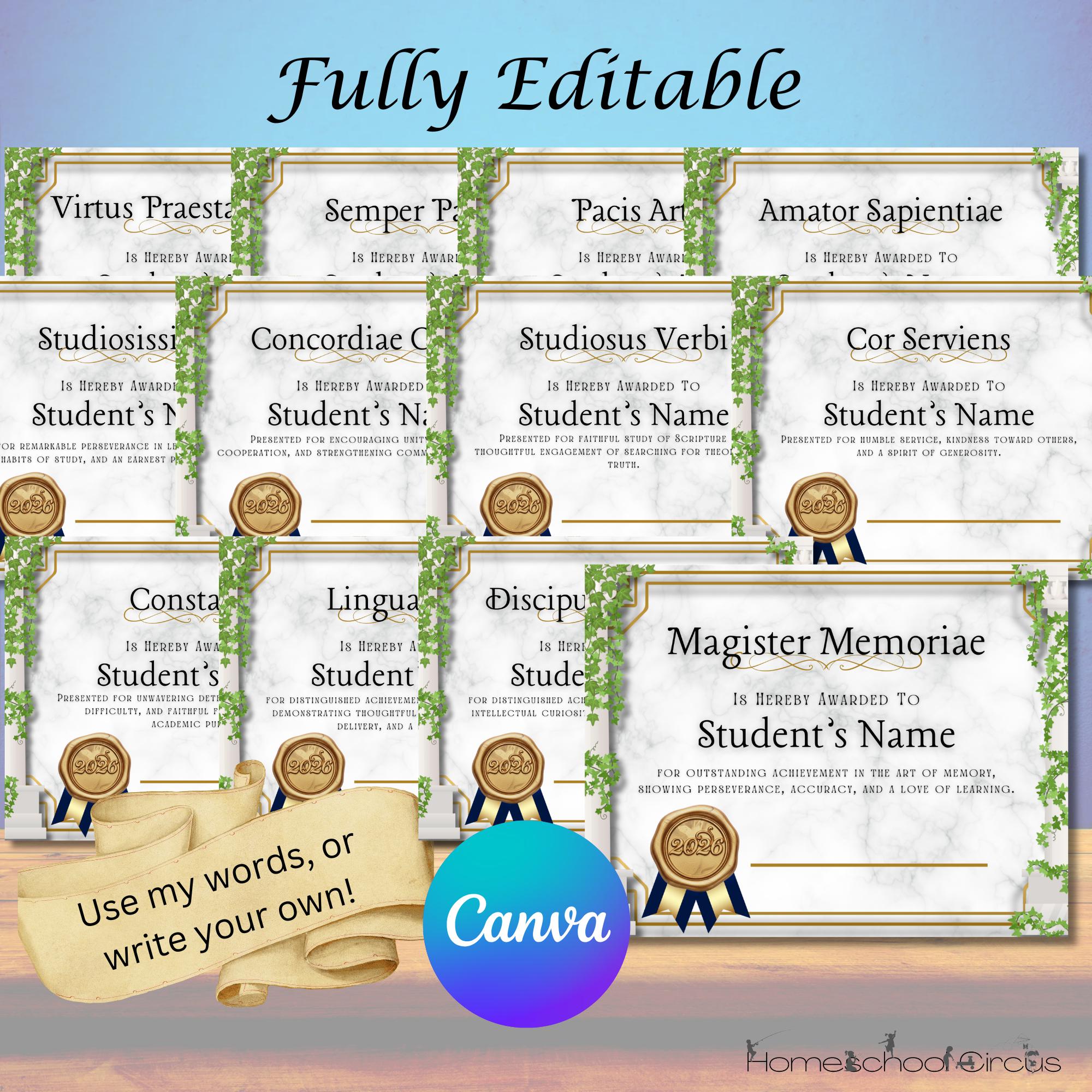Latin Virtue Award Editable Canva Template Certificates – Classical ...
