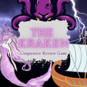 Op de afbeelding: Illustratie voor een bordspel getiteld "The Kraken". De afbeelding toont een paarse kraken, een zeemeermin, een schip en bliksem tegen een donkere achtergrond. De titel van het spel staat in roze letters.