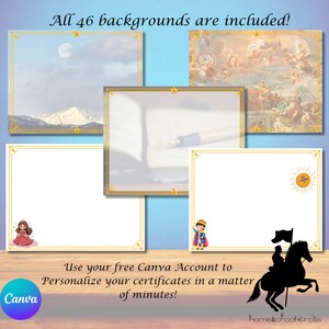 May include: An image showcasing various certificate templates with different background designs, including a mountain scene, a classical painting, and a blank template. The text reads "All 46 backgrounds are included!" and "Use your free Canva Account to Personalize your certificates in a matter of minutes!"