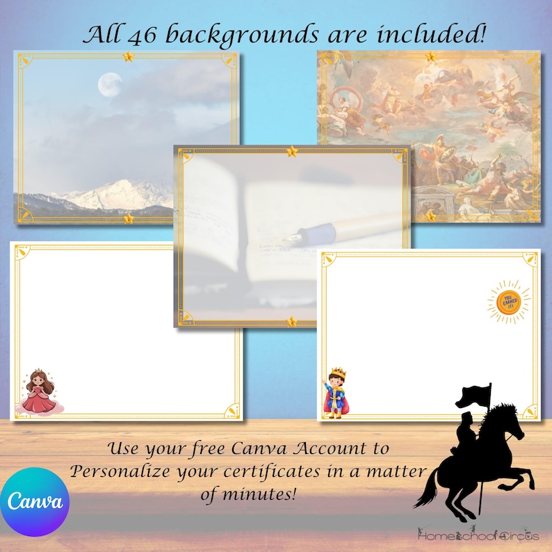 May include: An image showcasing various certificate templates with different background designs, including a mountain scene, a classical painting, and a blank template. The text reads "All 46 backgrounds are included!" and "Use your free Canva Account to Personalize your certificates in a matter of minutes!"