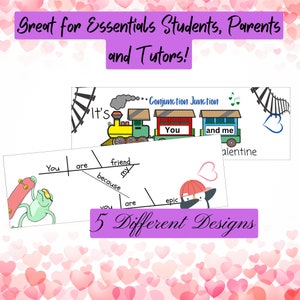 May include: Five different designs for conjunctions, featuring a train, a skateboard, a frog, a penguin, and a heart. The text "Conjunction Junction" is featured in the top design.