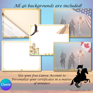 May include: An image showcasing various certificate background designs with gold frames and decorative elements. The image includes text that reads "All 46 backgrounds are included!" and "Use your free Canva Account to Personalize your certificates in a matter of minutes!"