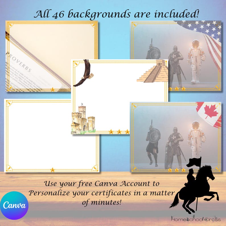 May include: An image showcasing various certificate background designs with gold frames and decorative elements. The image includes text that reads "All 46 backgrounds are included!" and "Use your free Canva Account to Personalize your certificates in a matter of minutes!"