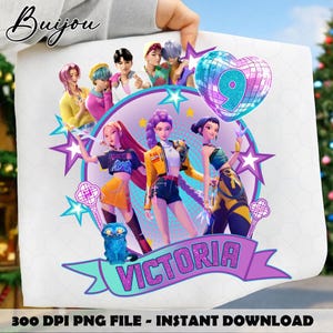 May include: A white print featuring a group of animated characters, a heart-shaped disco ball with the number 9, and the name "VICTORIA" on a banner. The print also includes the text "300 DPI PNG FILE - INSTANT DOWNLOAD".
