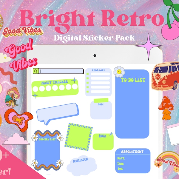 Bright Retro Aesthetic Goodnotes Stickers, GoodNotes Stickers, Bright Colored Digital Stickers, Digital Planner Stickers,