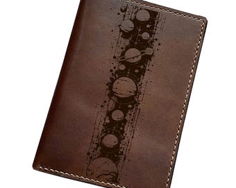 Handmade Leather Passport Wallet, Universe Engraving, Travel Case, Custom Organizer