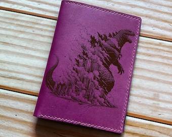 Handmade Leather Passport Wallet, Godzilla Travel Gift