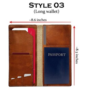 May include: Open brown leather long wallet, style 03, with multiple card slots and a passport holder. The wallet is approximately 8.6 inches wide and 8.3 inches tall. The word "PASSPORT" is visible on the blue passport.