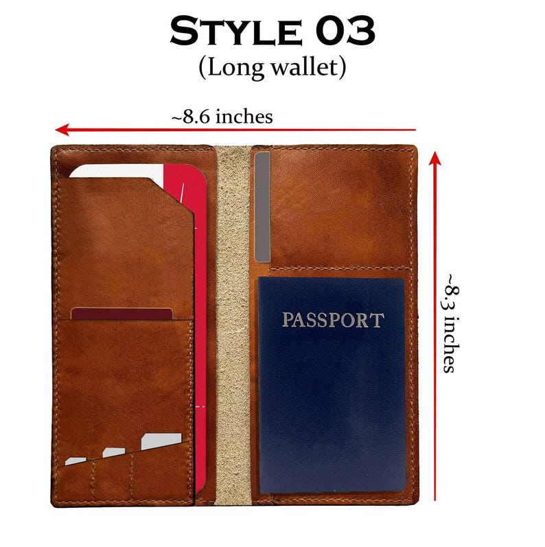 May include: Open brown leather long wallet, style 03, with multiple card slots and a passport holder. The wallet is approximately 8.6 inches wide and 8.3 inches tall. The word "PASSPORT" is visible on the blue passport.