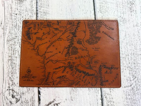 Handmade Leather Passport Holder – Middle Earth Map, Personalized Travel Wallet