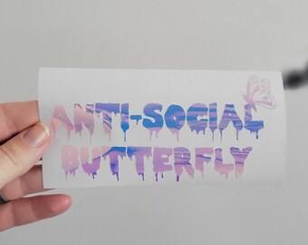anti-social butterfly decal, emo gifts for her, vinyl decal for laptop, funny bumper sticker, introvert gifts, butterfly, holographic decal