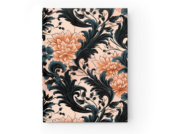 Hard Cover Ruled Lined Notebook Journal, Baroque Blossoms: Elegance in Peach and Noir, composition notebook (232979)