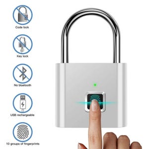 May include: A silver fingerprint padlock with a USB charging port. The padlock has a green LED light and a fingerprint sensor. The padlock is not a key lock, code lock, or bluetooth lock.