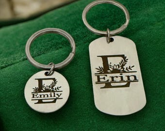 Custom Floral Initial Keychain, Personalized Letter Keyring
