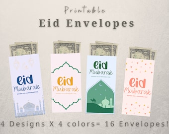 Puede incluir: Cuatro diseños de sobres Eid imprimibles en cuatro colores, con una mezquita, una luna creciente, un camello y un patrón geométrico. El texto "Eid Mubarak" está escrito en cada sobre.