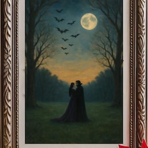 Vampire Lovers Embrace Under Moonlit Forest with Bats