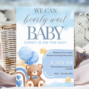 Editable We Can Bearly Wait Baby Shower Invitation Template Brown Bear Balloon Invite Boho Bear Blue Boy Evite Watercolor Teddy Bear Digital
