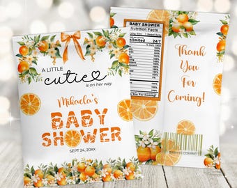A Little Cutie Baby Shower Fruit Snacks Wrapper, Orange Baby Shower Favor, Citrus Baby Shower Editable Template, Little Cutie Is On The Way