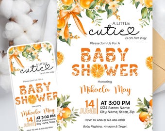 Editable Little Cutie Invitation Template for Baby Shower, Orange Theme Invite for Baby Shower, Gender Neutral Orange Citrus Baby Shower
