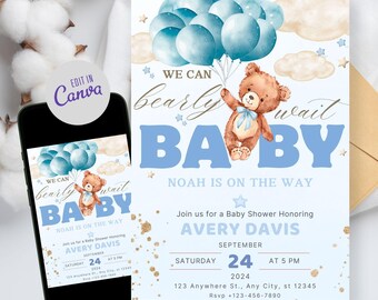 Editable We Can Bearly Wait Baby Shower Invitation Template, Blue Teddy Bear Invite for Mom to Be, Its A Boy Baby Evite Baby Shower Party