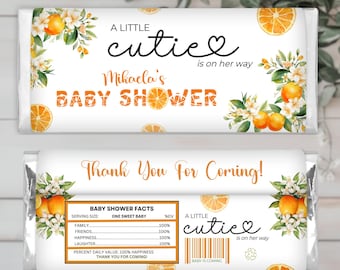 Little Cutie Baby Shower Chocolate Bar Wrapper, Orange Baby Shower Favor, Citrus Baby Shower Editable Template, A Little Cutie Is On The Way
