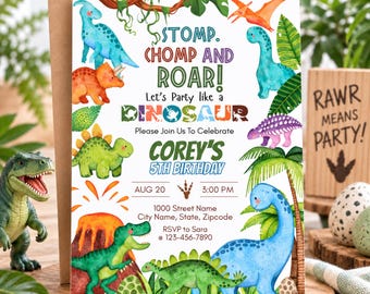 May include: A rectangular birthday invitation card featuring colorful watercolor illustrations of various dinosaurs, a volcano, and palm trees. The text reads: STOMP. CHOMP AND ROAR! Let's Party like a DINOSAUR. Please Join Us To Celebrate COREY'S 5TH BIRTHDAY.