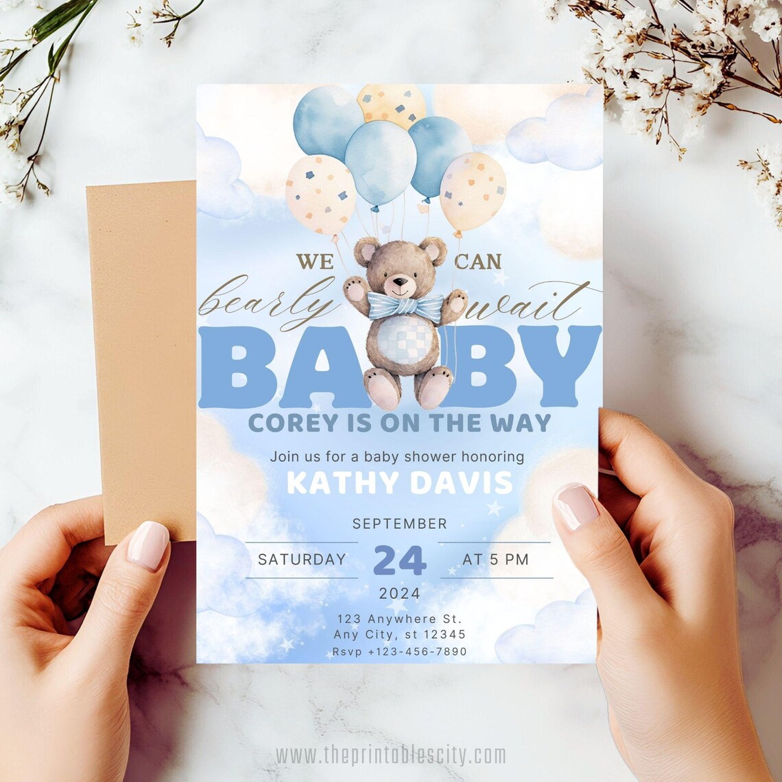 Editable We Can Bearly Wait Baby Shower Invitation Template Brown Bear ...