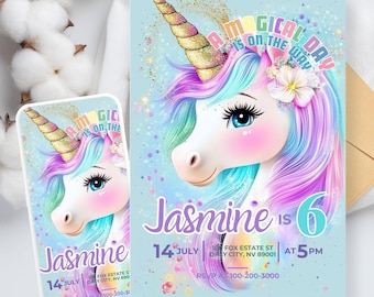 May include: A blue and purple unicorn with a gold horn and a flower crown. The unicorn is surrounded by glitter and stars. The text "A Magical Day is on the Way" is written in rainbow letters. The text "Jasmine is 6" is written in purple letters. The text "14 July" is written in black letters. The text "100 Fox Estate St Daly City, NV 89001" is written in black letters. The text "At 5 PM" is written in black letters. The text "RSVP at 100-200-3000" is written in black letters.