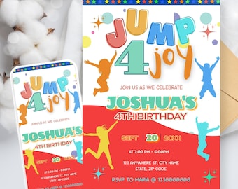 Invitación "Jump Four Joy", invitación editable de cumpleaños con salto, fiesta de trampolín, fiesta infantil con castillo inflable, fiesta "Let's Jump", invitación para saltar y jugar