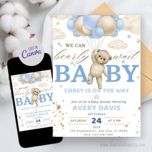 Editable Brown Bear Balloon Baby Shower Invitation, We Can Bearly Wait Baby Shower Invite, Blue Boy Boho Bear Baby Shower,It&#39;s A Boy Digital