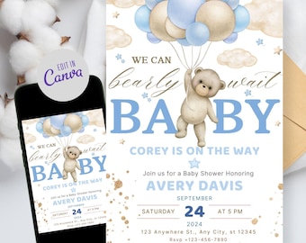 Editable Brown Bear Balloon Baby Shower Invitation, We Can Bearly Wait Baby Shower Invite, Blue Boy Boho Bear Baby Shower,It's A Boy Digital