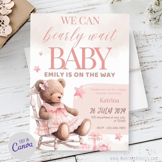 → View on Etsy: Editable We Can Bearly Wait Baby Shower Invitation Template for Girl, Teddy Bear Balloon Invite Its A Girl Evite Baby Shower Party Printable Editable We Can Bearly Wait Baby Shower Invitation Template for Girl, Teddy Bear Balloon Invite Its A Girl Evite Baby Shower Party Printable