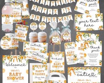 May include: A set of baby shower decorations with an orange theme, featuring banners, labels, and favour boxes. Designs include orange slices, bows, and the text "A Little Cutie is on the Way." The bundle includes editable party elements.