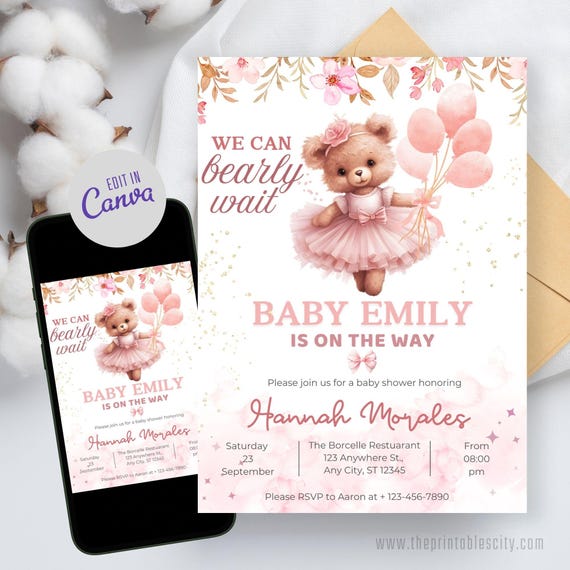 → View on Etsy: Editable We Can Bearly Wait Baby Shower Invitation Template for Girl, Teddy Bear Balloon Invite, Its A Girl Evite, Baby Shower Party Digital Editable We Can Bearly Wait Baby Shower Invitation Template for Girl, Teddy Bear Balloon Invite, Its A Girl Evite, Baby Shower Party Digital