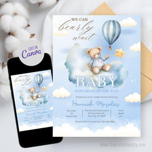 Editable We Can Bearly Wait Baby Shower Invitation Template Brown Bear Balloon Invite Boho Bear Blue Boy Evite Watercolor Teddy Bear Digital
