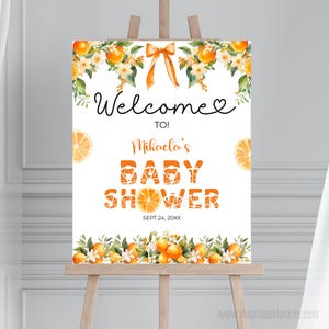 Editable Little Cutie Welcome Sign Template for Baby Shower, Orange Theme Baby Shower Sign, A Little Cutie Is On The Way Baby Shower Decor