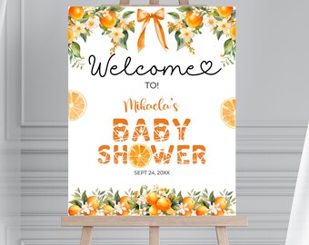 Redigerbar mall för välkomstskylt med liten sötnos för babyshower, orange tema-skylt för babyshower, en liten sötnos är på väg babyshowerdekor