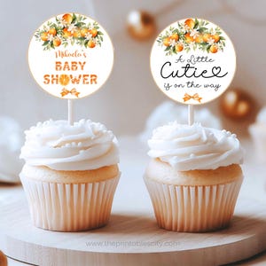 Little Cutie Baby Shower Cupcake Topper, Orange Baby Shower Decor, Citrus Baby Shower Editable Template, A Little Cutie Is On The Way Party