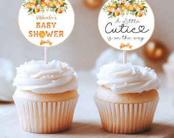 Little Cutie Baby Shower Cupcake Topper, Orange Baby Shower Decor, Citrus Baby Shower Editable Template, A Little Cutie Is On The Way Party