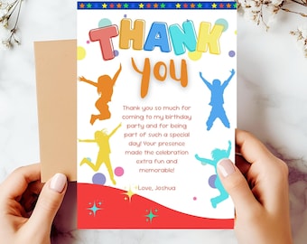 Tarjeta de agradecimiento "Jump Four Joy", plantilla editable de tarjeta de cumpleaños "Jump", fiesta de trampolín para niñas, fiesta infantil en castillo inflable, fiesta digital "Let's Jump"