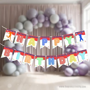 Striscione di compleanno con trampolino, striscione per feste di compleanno per bambini, download immediato, striscione per feste Bounce Jump Four Joy