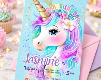 Invito di compleanno a tema unicorno, modello Canva modificabile, arcobaleno e oro scintillante, invito per feste stampabile
