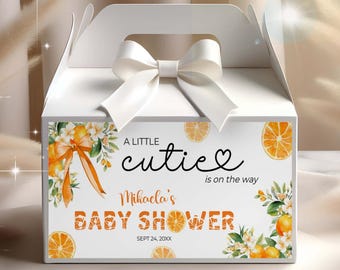 Bearbeitbare Babypartyvorlage, A Little Cutie ist auf dem Weg Partygeschenk, Little Cutie Babyparty Giebel Box Etikett, Orange Babypartybevorzugung,