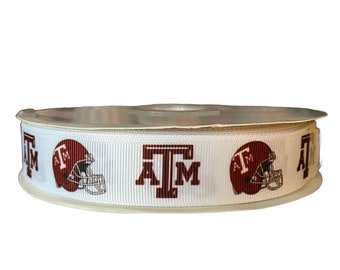 Texas Inspired sports team 7/8” grosgrain ribbon. Aggies inspired grosgrain ribbon. DIY craft supply ribbon.