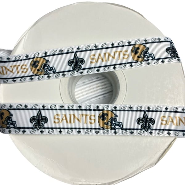 Saints Inspired sports team 7/8” grosgrain ribbon. New Orleans inspired grosgrain ribbon. DIY craft supply ribbon.