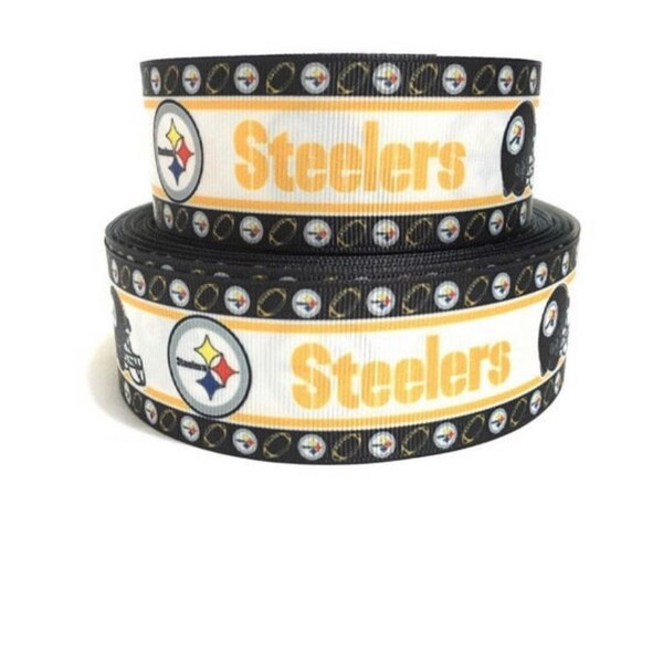 Steelers Inspired sports team 7/8” grosgrain ribbon. Pittsburgh inspired grosgrain ribbon. DIY craft supply ribbon.